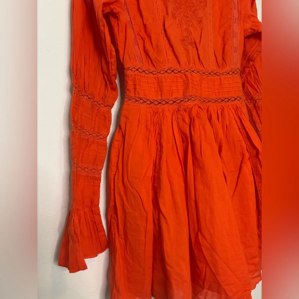 FREE PEOPLE BOHEMIAN CORAL RED EMBROIDERED MINI DRESS SZ 4